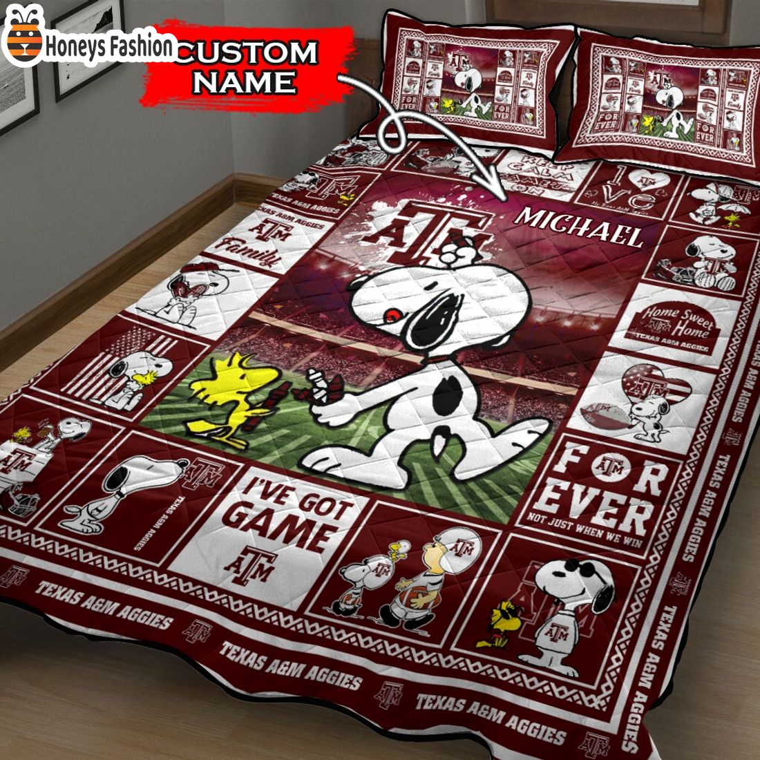 Texas AM Aggies NCAA Snoopy Custom Name Bedding Set