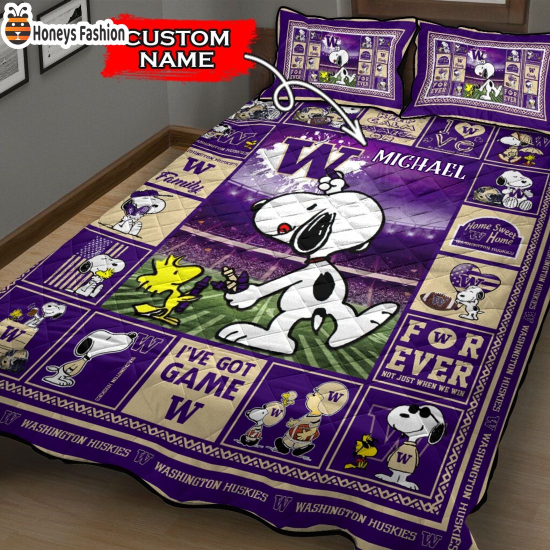 Washington Huskies NCAA Snoopy Custom Name Bedding Set