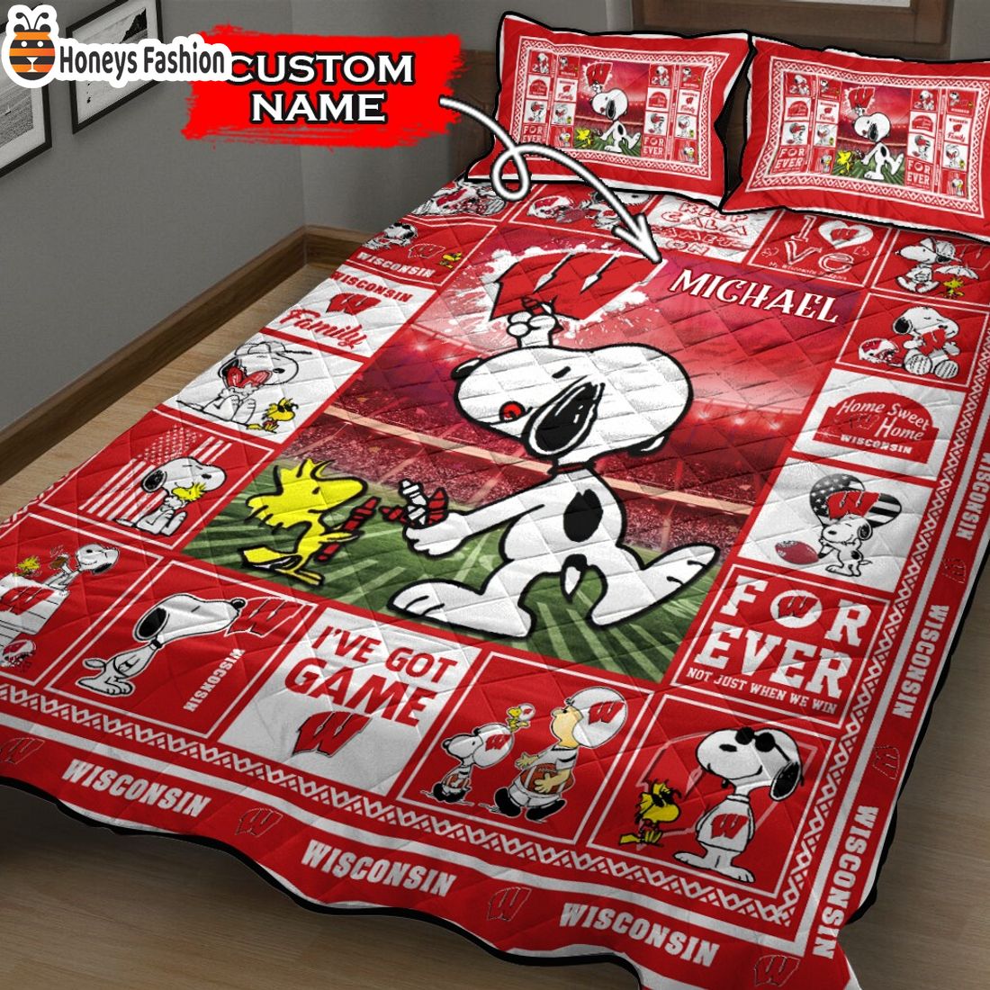 Wisconsin Badgers NCAA Snoopy Custom Name Bedding Set