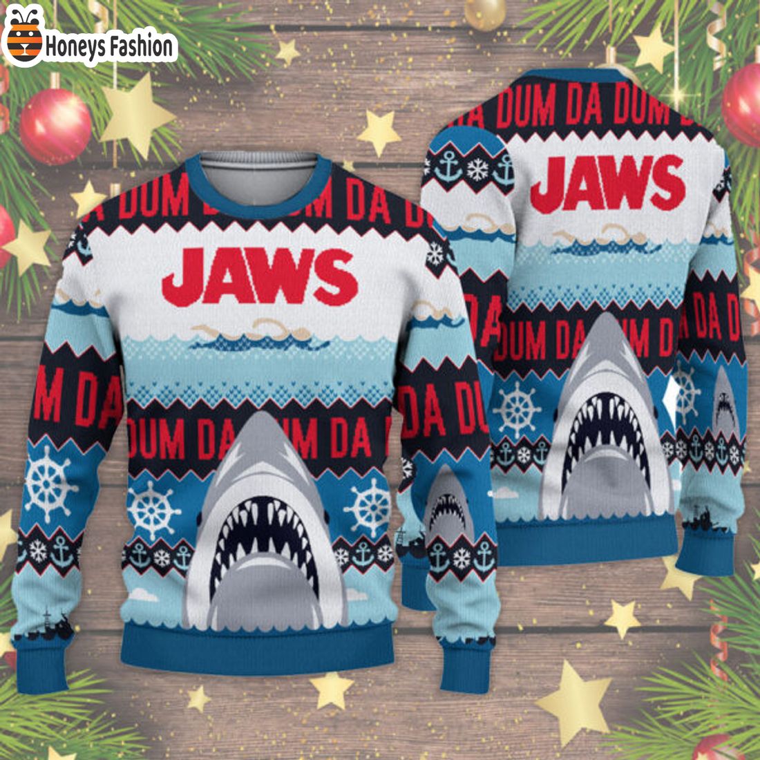 BEST TRENDING Jaws Horror Movie Reindeer Christmas Ugly Sweater