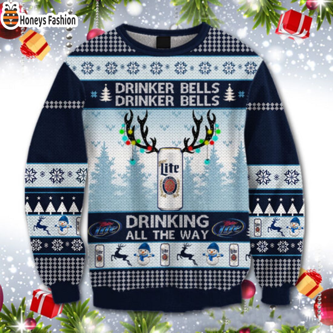 BEST TRENDING Miller Lite Drinker Bells Reindeer Christmas Ugly Sweater