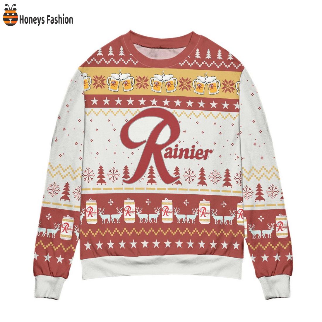 BEST TRENDING Rainier Beer Pine Tree Pattern Reindeer Christmas Ugly Sweater