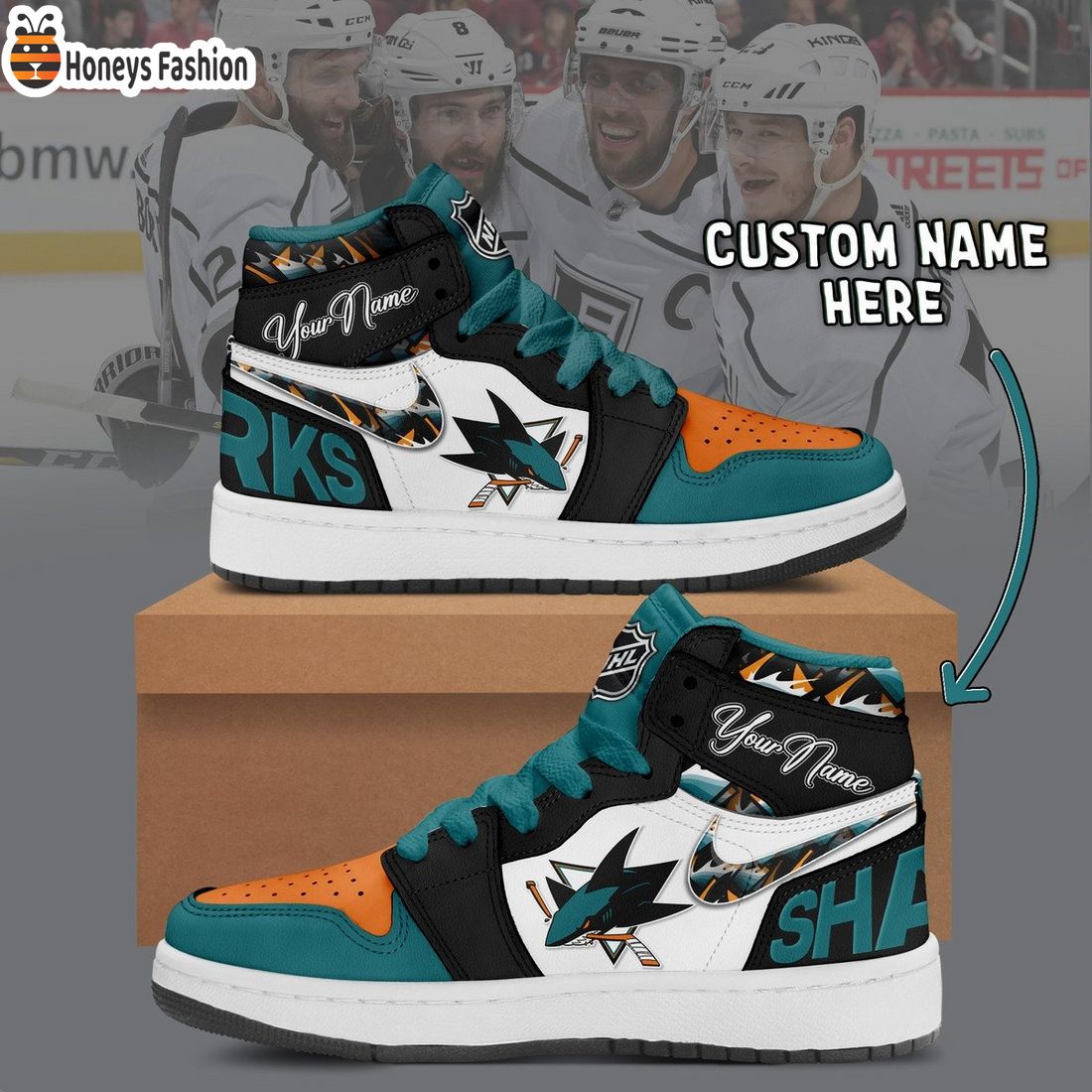 San Jose Sharks NHL Custom Name Air Jordan 1 Sneakers