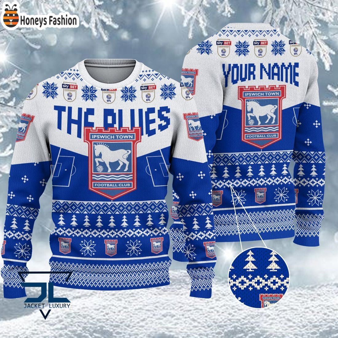 TRENDING Ipswich Town FC EFL Logo Snowflakes Custom Name Ugly Sweater Christmas