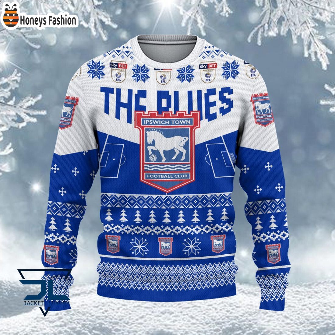 TRENDING Ipswich Town FC EFL Logo Snowflakes Custom Name Ugly Sweater Christmas
