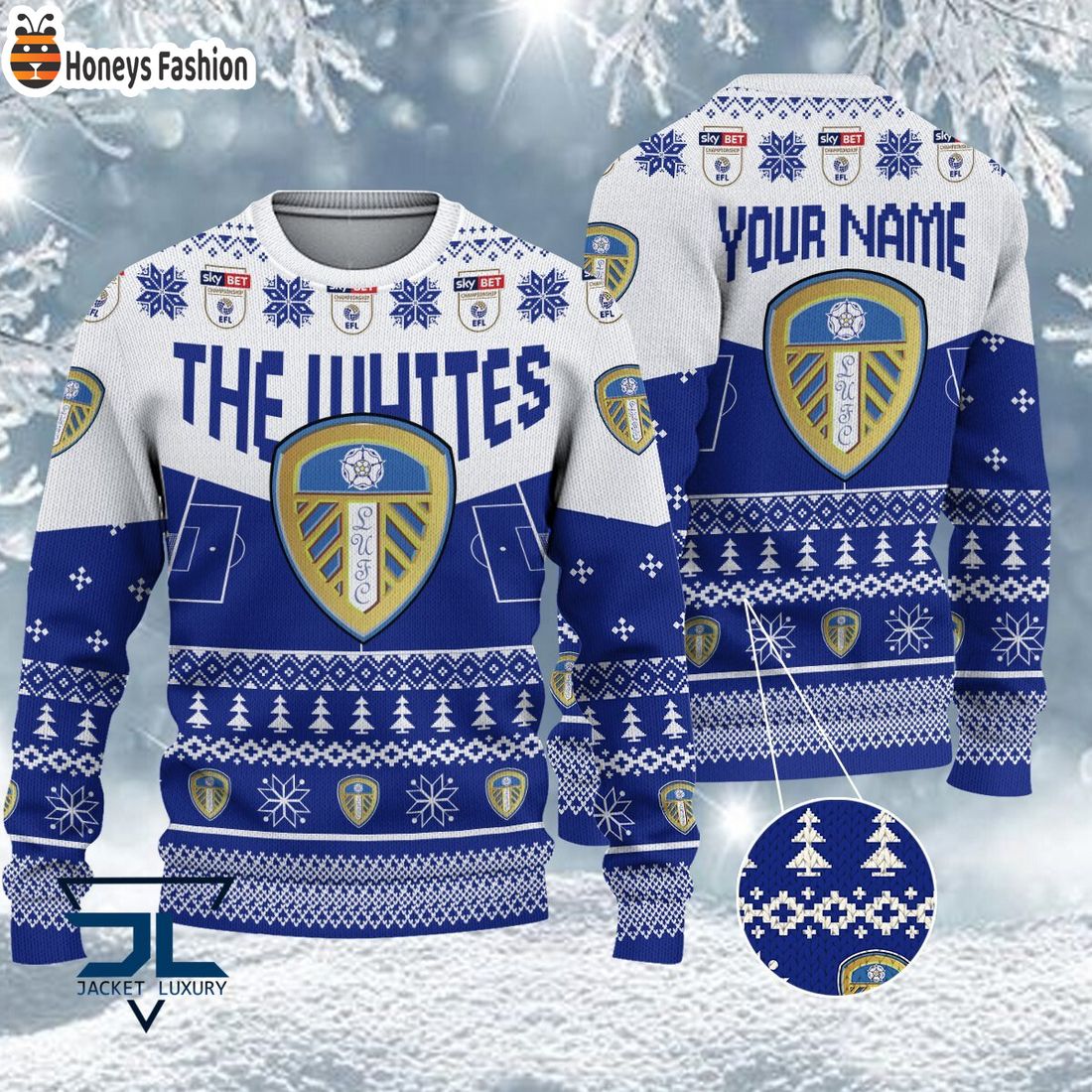 TRENDING Leeds United FC EFL Logo Snowflakes Custom Name Ugly Sweater Christmas