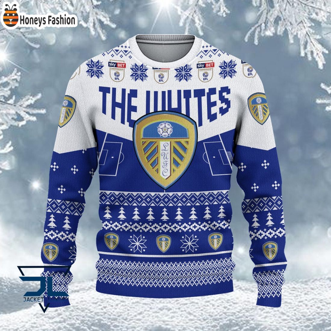 TRENDING Leeds United FC EFL Logo Snowflakes Custom Name Ugly Sweater Christmas