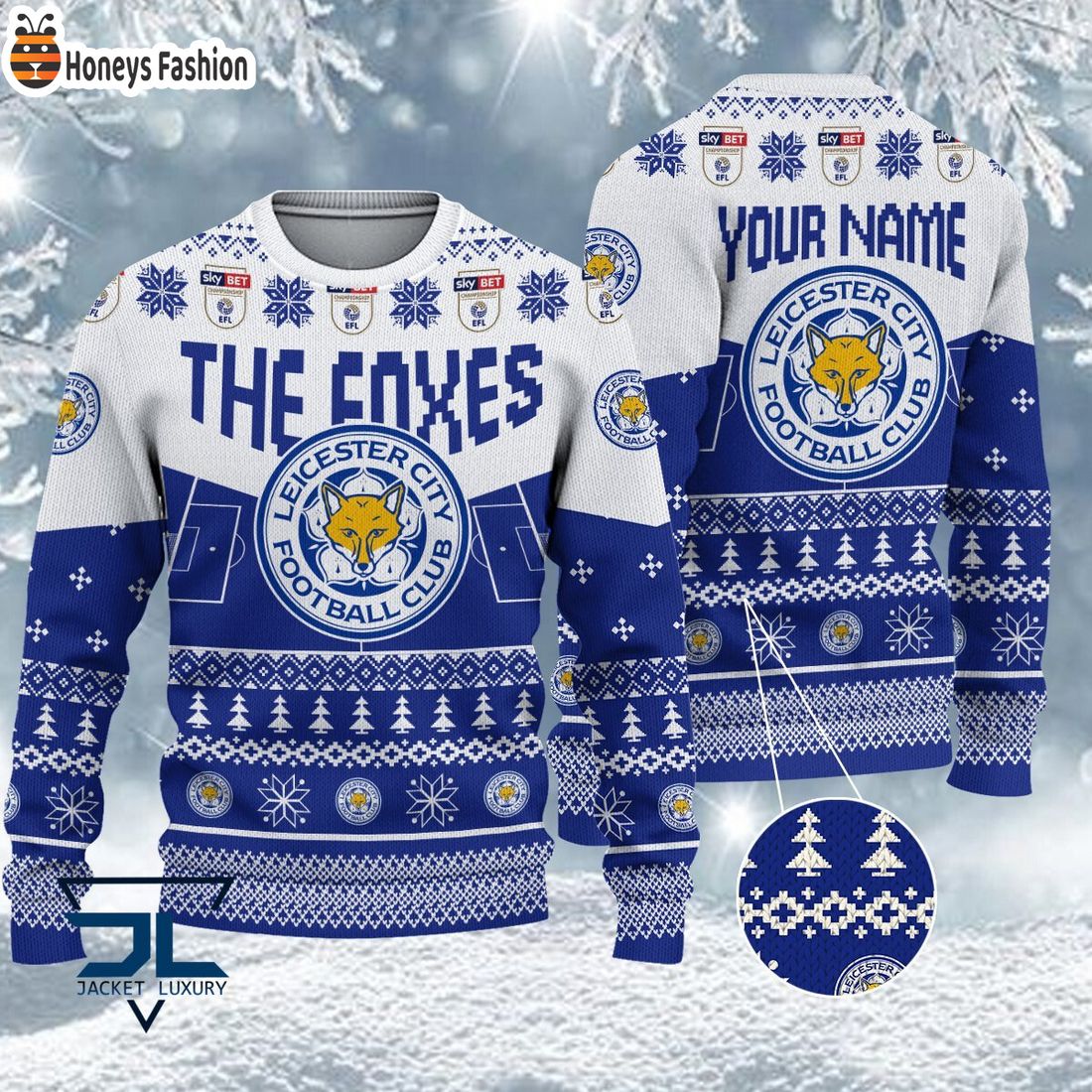 TRENDING Leicester City FC EFL Logo Snowflakes Custom Name Ugly Sweater Christmas