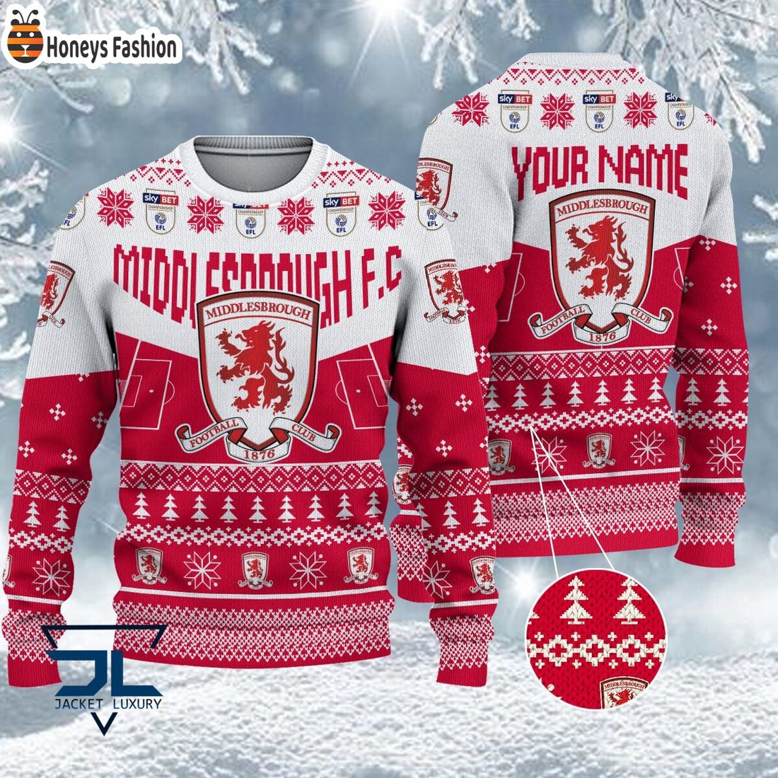 TRENDING Middlesbrough FC EFL Logo Snowflakes Custom Name Ugly Sweater Christmas