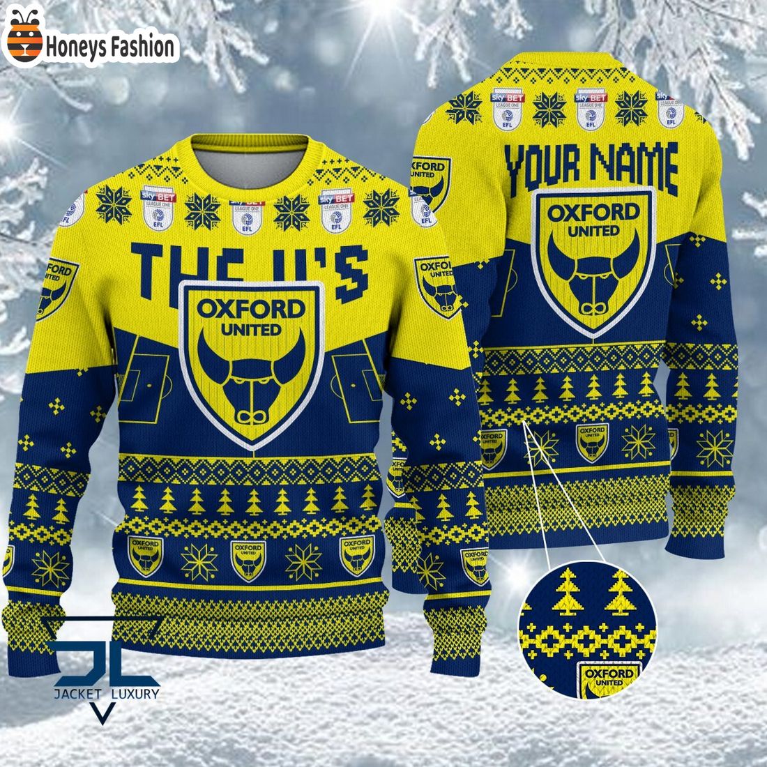 TRENDING Oxford United FC EFL Logo Snowflakes Custom Name Ugly Sweater Christmas