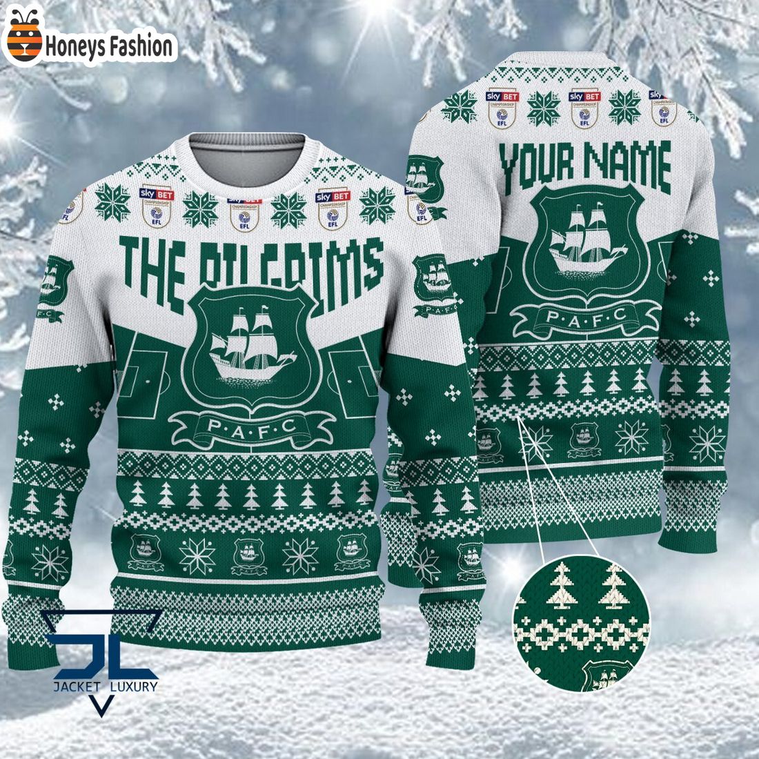 TRENDING Plymouth Argyle FC EFL Logo Snowflakes Custom Name Ugly Sweater Christmas