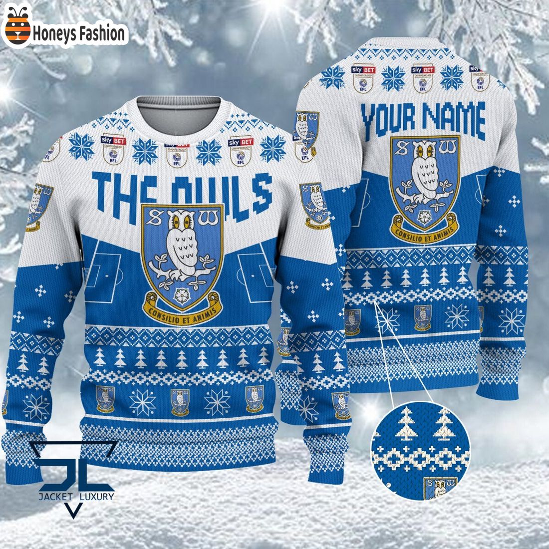 TRENDING Sheffield Wednesday EFL Logo Snowflakes Custom Name Ugly Sweater Christmas