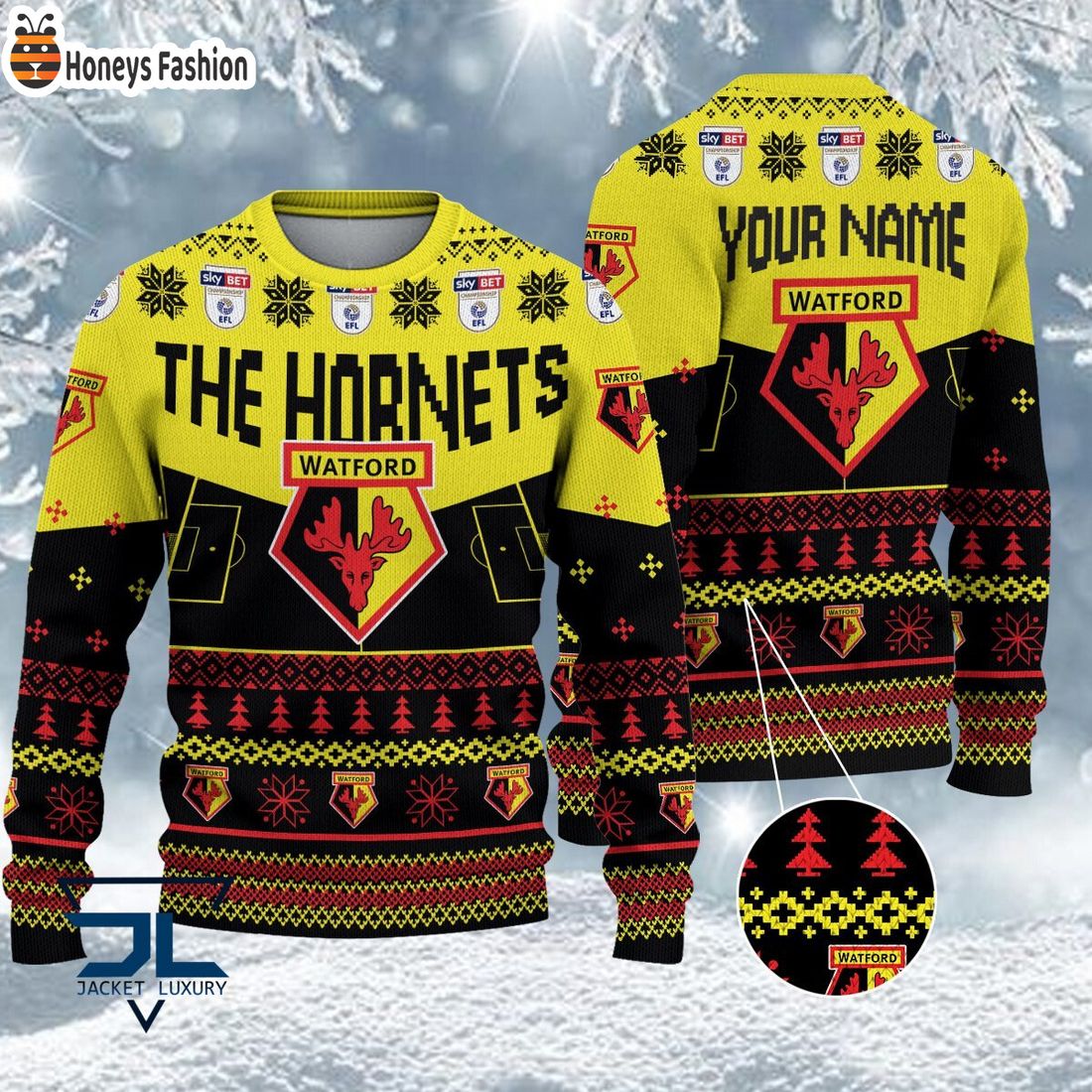 TRENDING Watford EFL Logo Snowflakes Custom Name Ugly Sweater Christmas