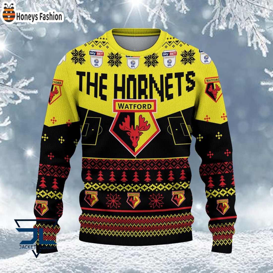 TRENDING Watford EFL Logo Snowflakes Custom Name Ugly Sweater Christmas