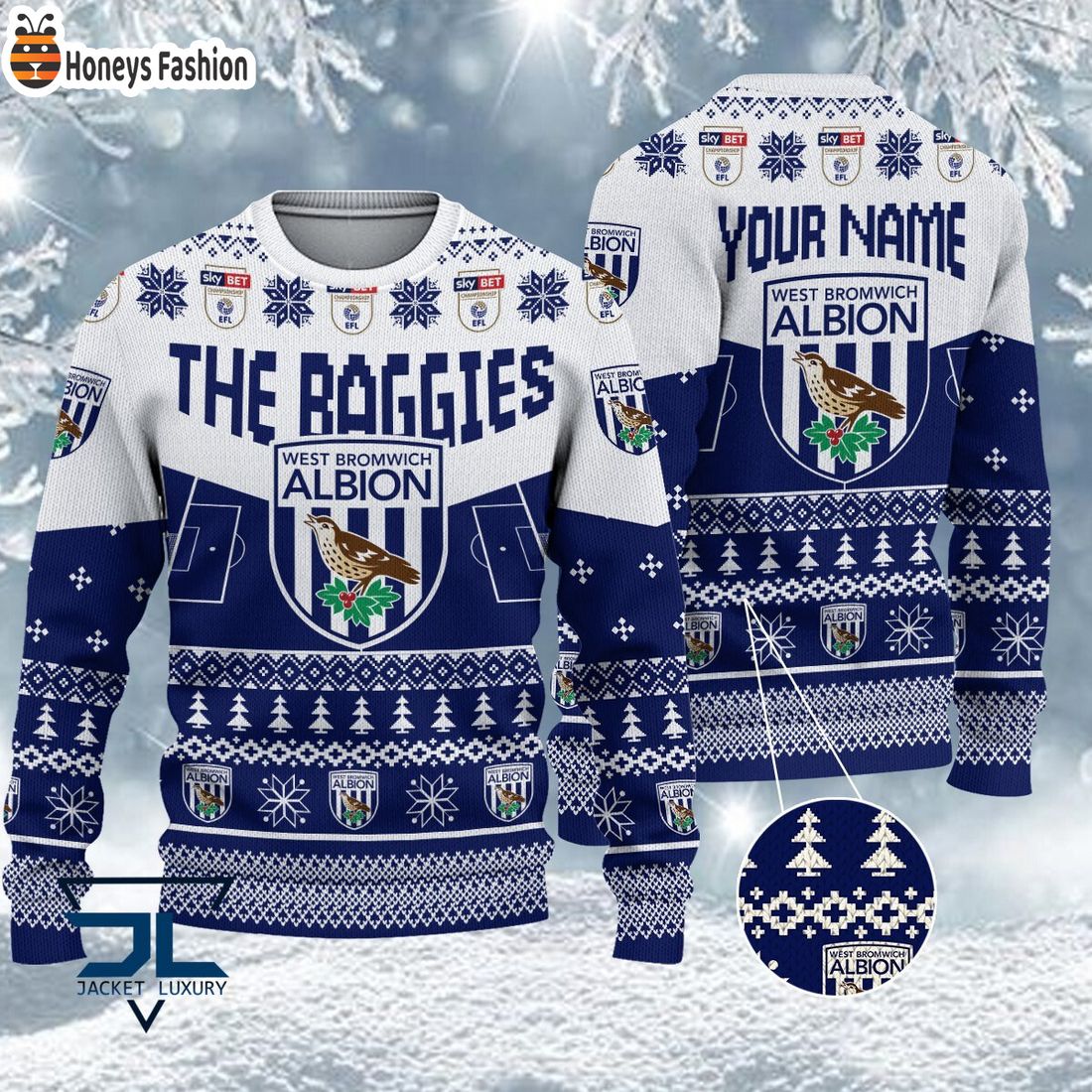 TRENDING West Bromwich Albion FC EFL Logo Snowflakes Custom Name Ugly Sweater Christmas