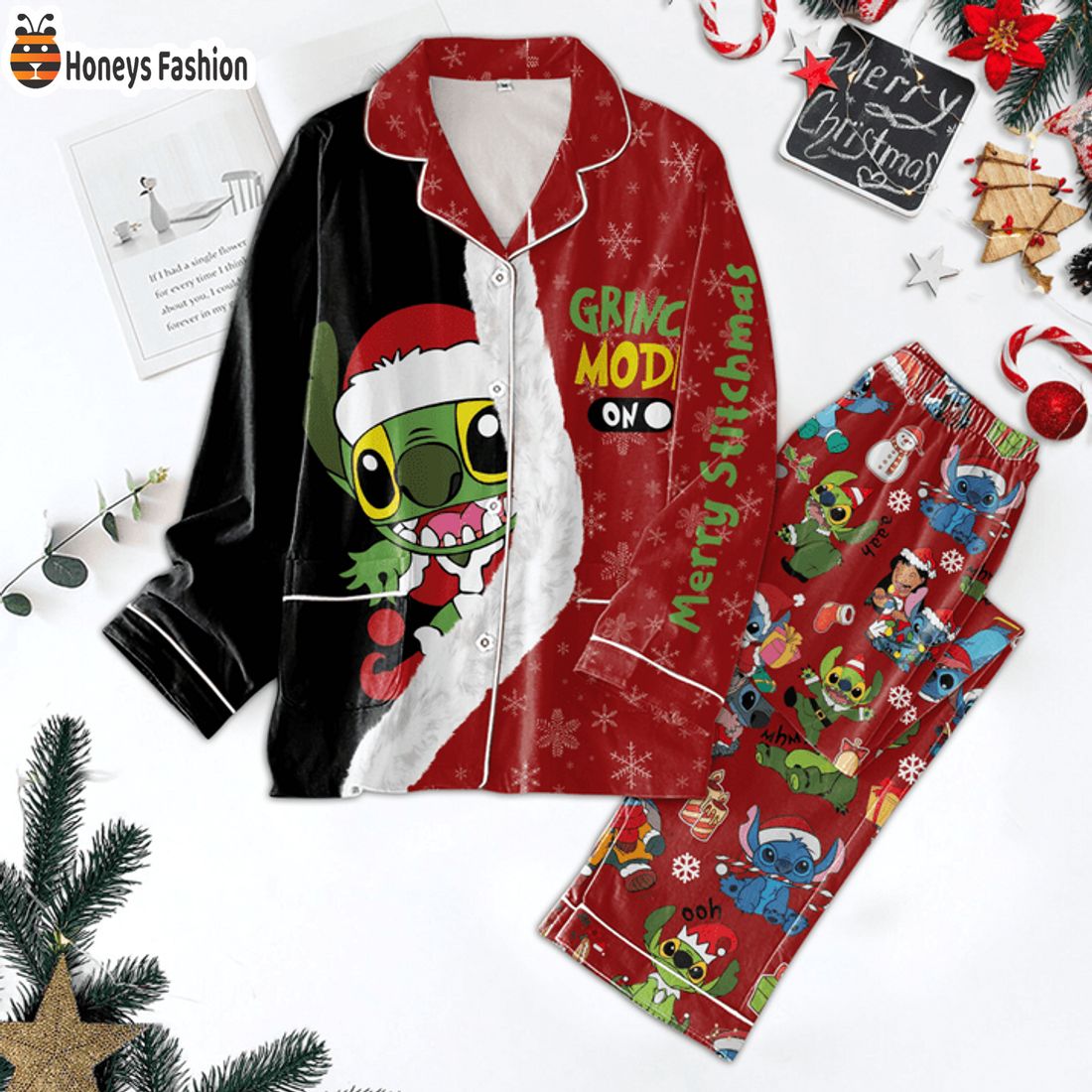 BEST SELLER Stitch Grinch Mode On Christmas Pajamas Set