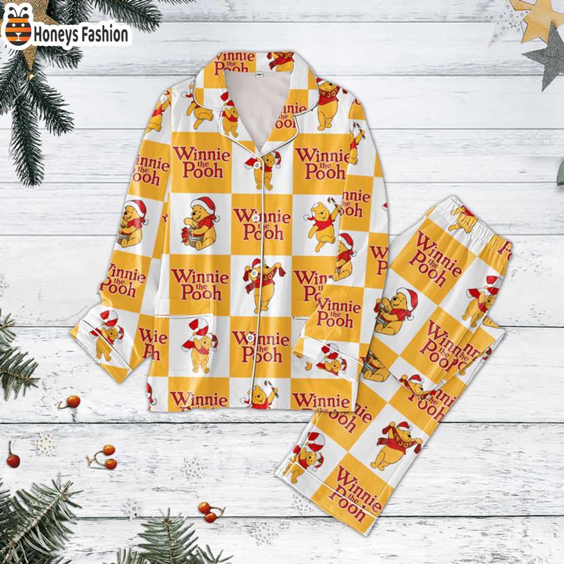 BEST SELLER Winnie The Pooh Santa Hat Caro Pattern Christmas Pajamas Set