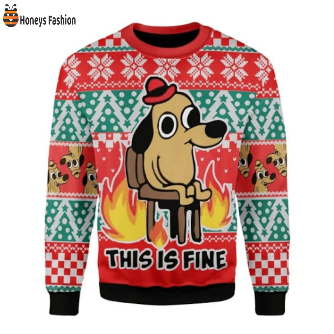 PRODUCT This Is Fine Dog Plush Meme Christmas Ugly Sweater