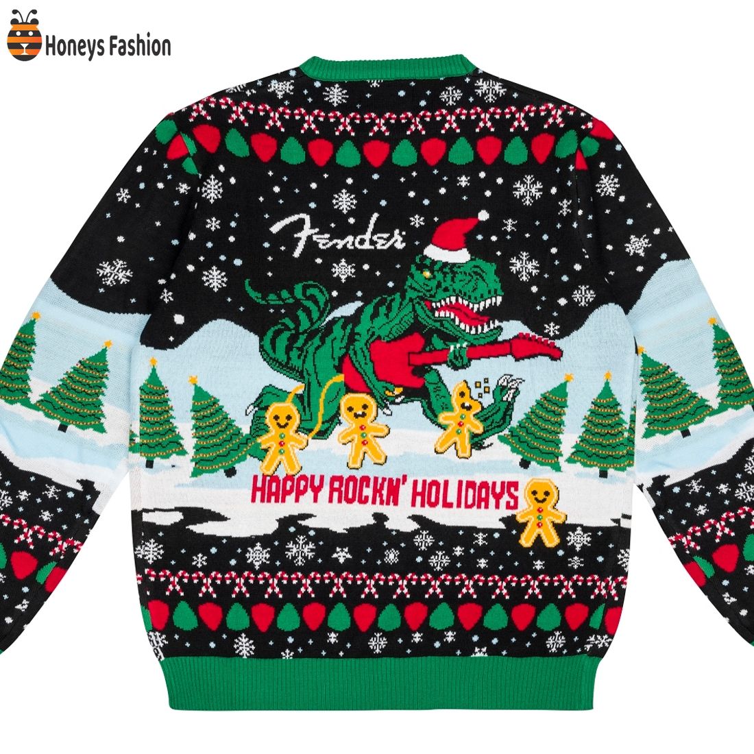 TOP SELLER Gingerbread Man T Rex Santa Hat Happy Rockn’ Holidays Ugly Christmas Sweater