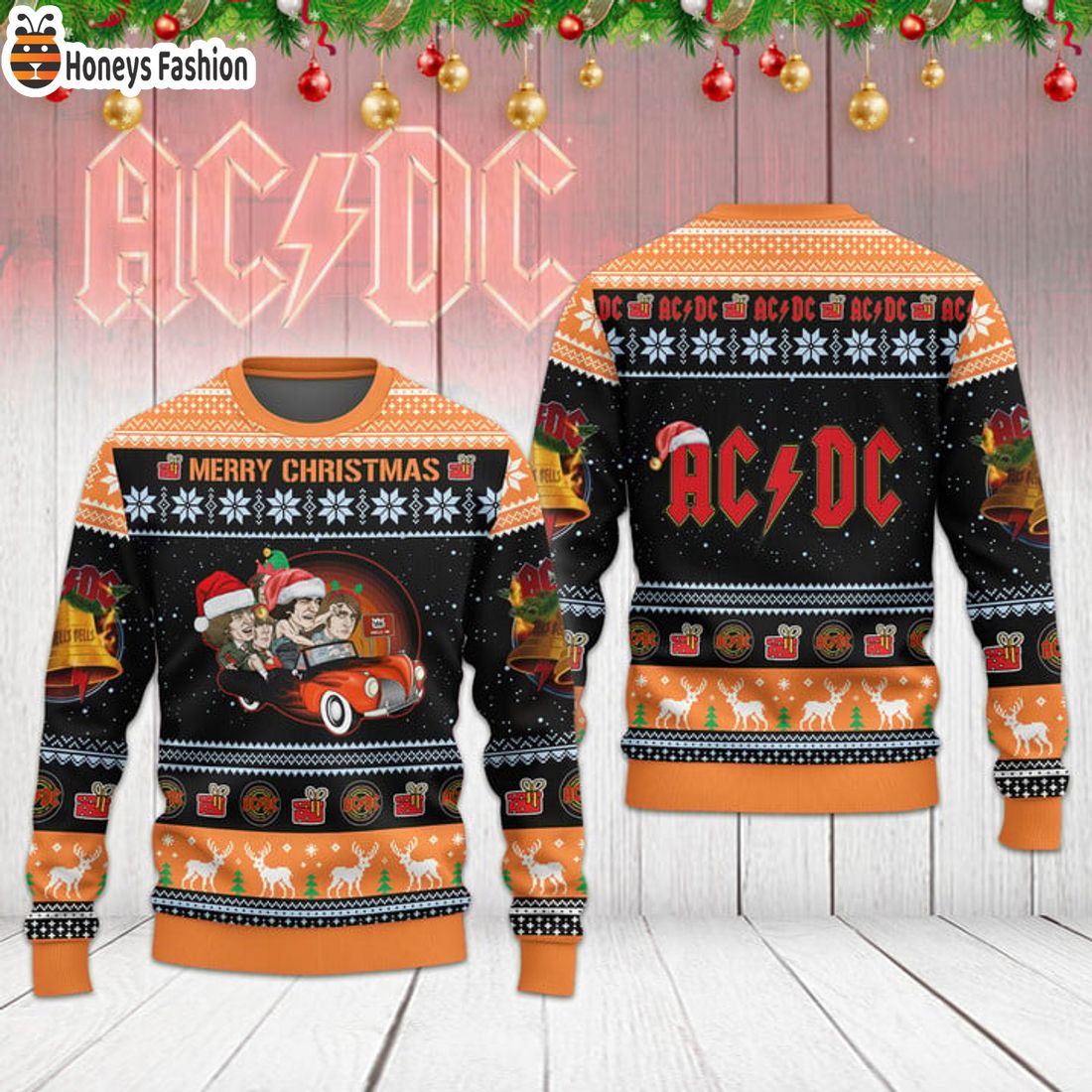 TRENDING ACDC Santa Hat Snowflakes Ugly Christmas Sweater