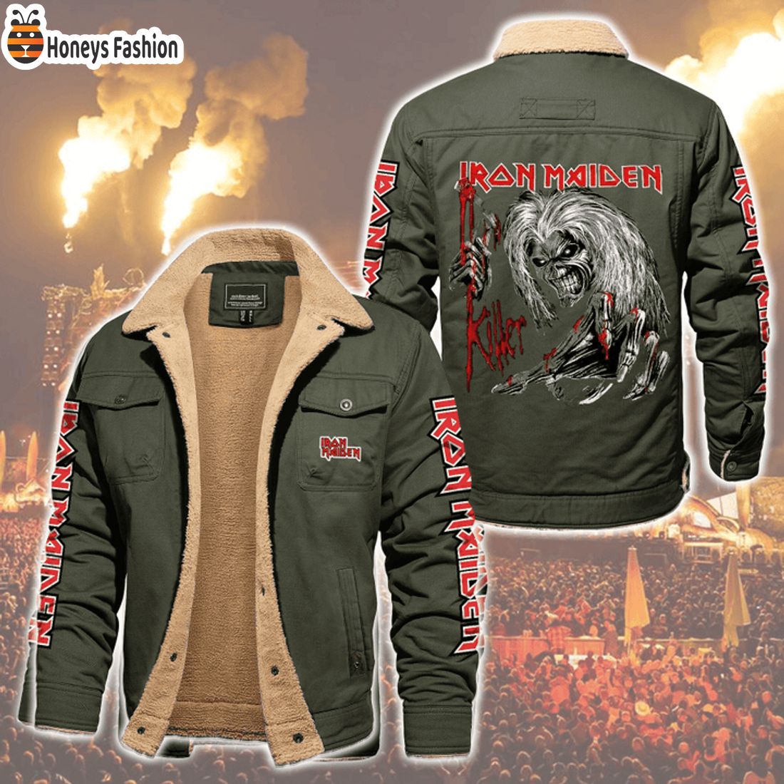 HOT Iron Maiden Eddy Glow Killer Fleece Leather Jacket