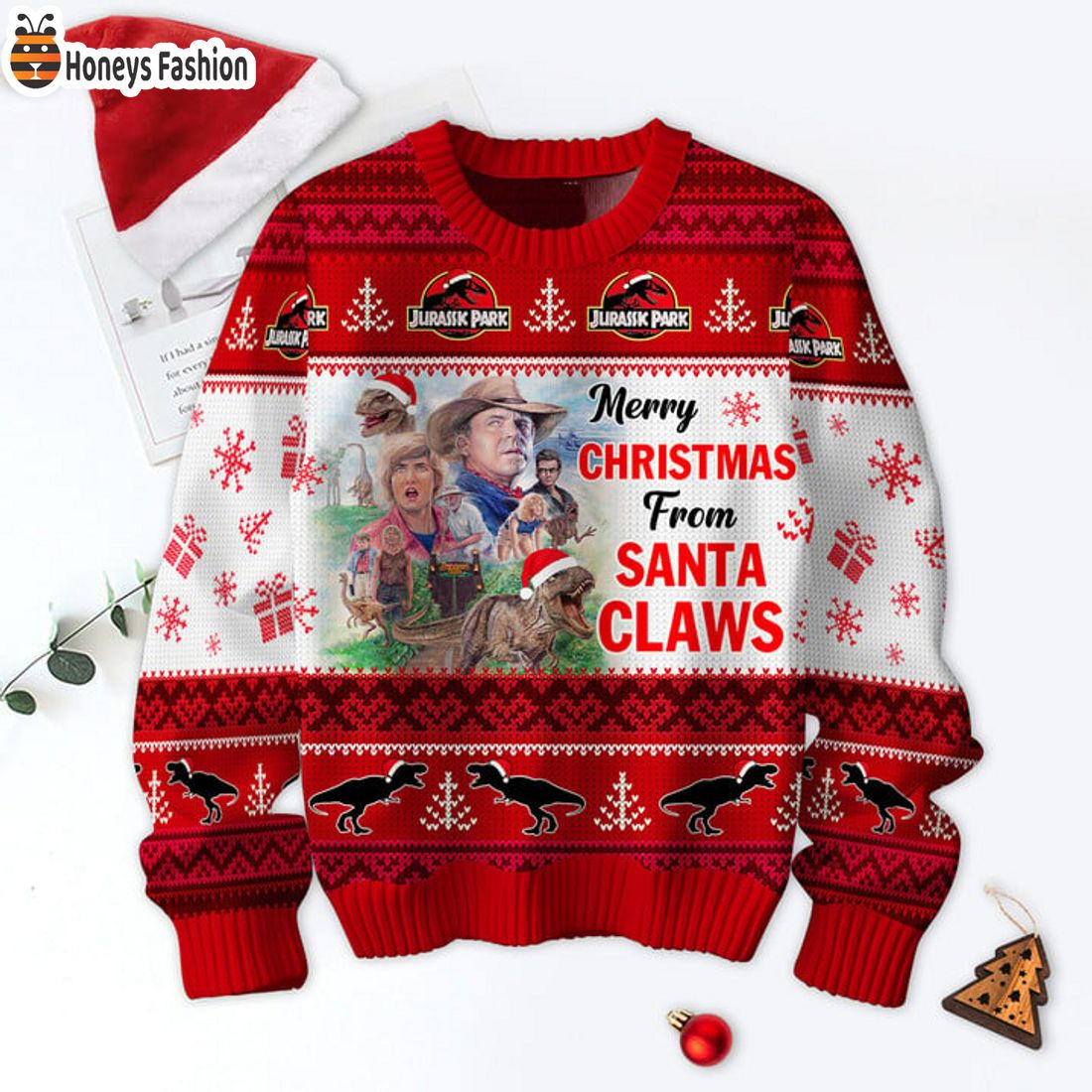 HOT Jurassic Park Merry Xmas From Santa Claws Ugly Christmas Sweater