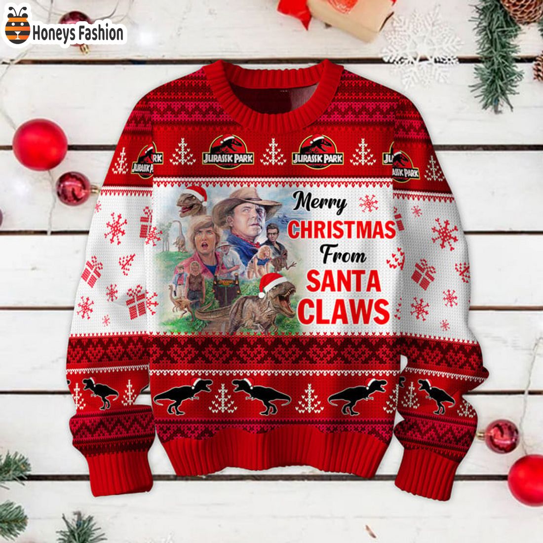 HOT Jurassic Park Merry Xmas From Santa Claws Ugly Christmas Sweater