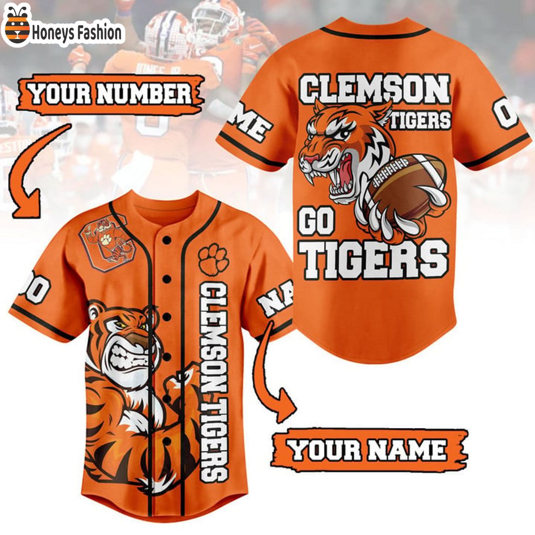 NEW Clemson Tigers Go Tigers Orange Custom Name Number Baseball Jersey