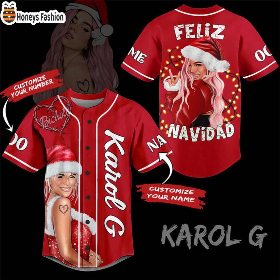 NEW Karol G Feliz Navidad Custom Name Number Baseball Jersey