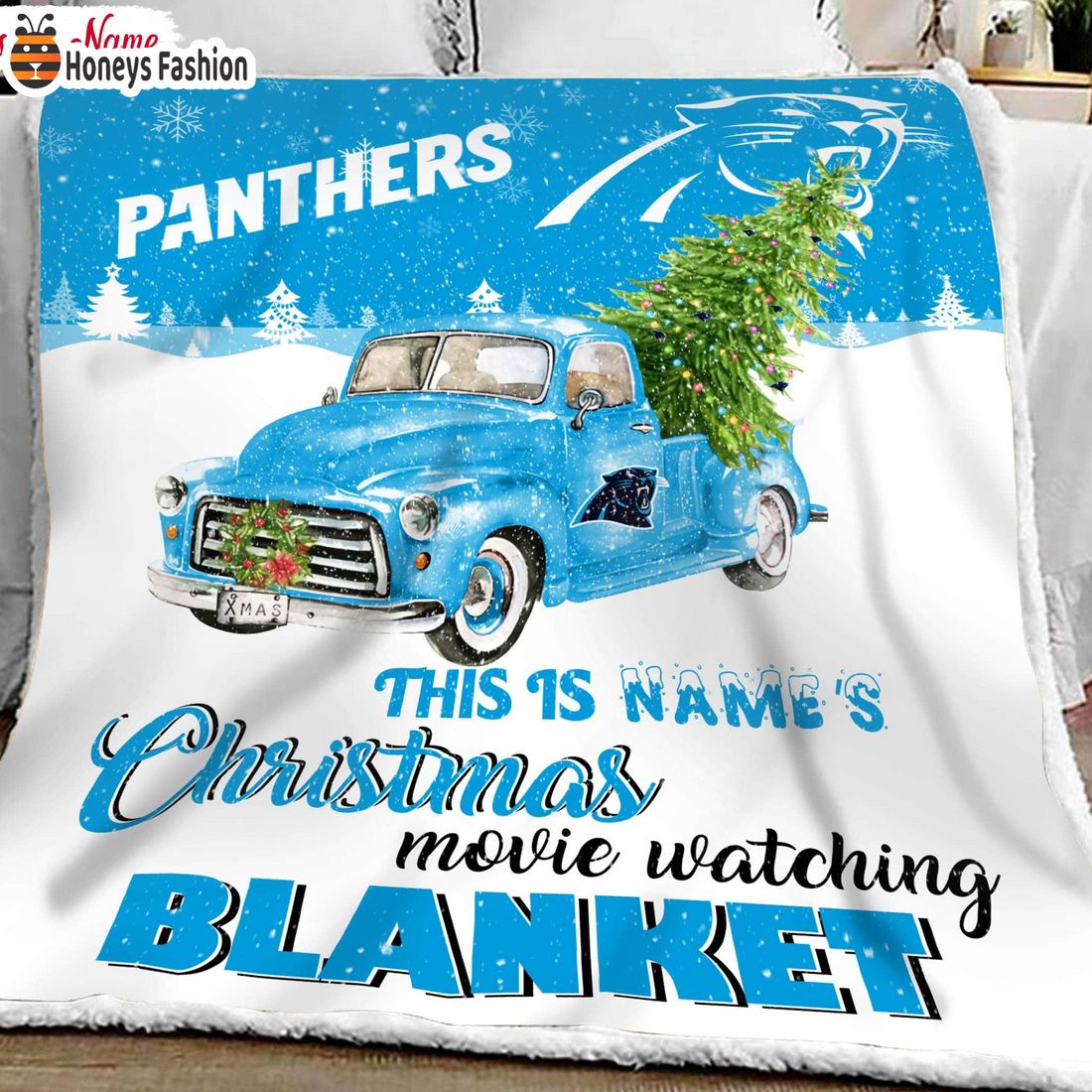 NFL Carolina Panthers Custom Name Christmas movie watching quilt blanket