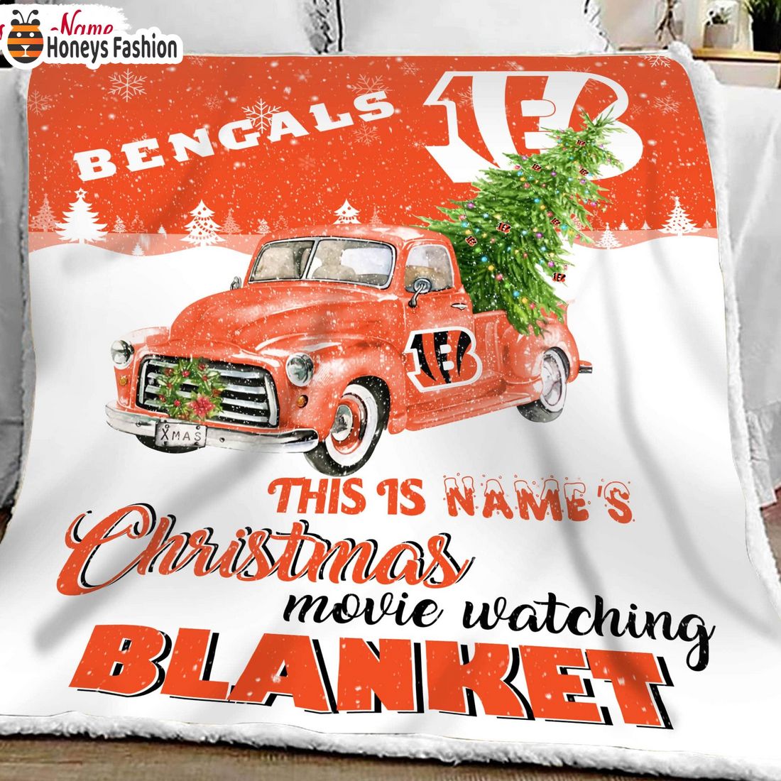 NFL Cincinnati Bengals Custom Name Christmas movie watching quilt blanket