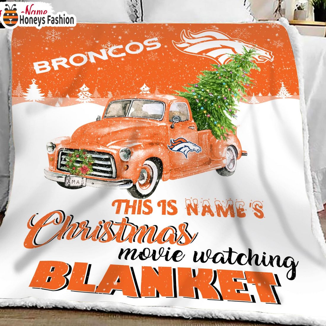 NFL Denver Broncos Custom Name Christmas movie watching quilt blanket