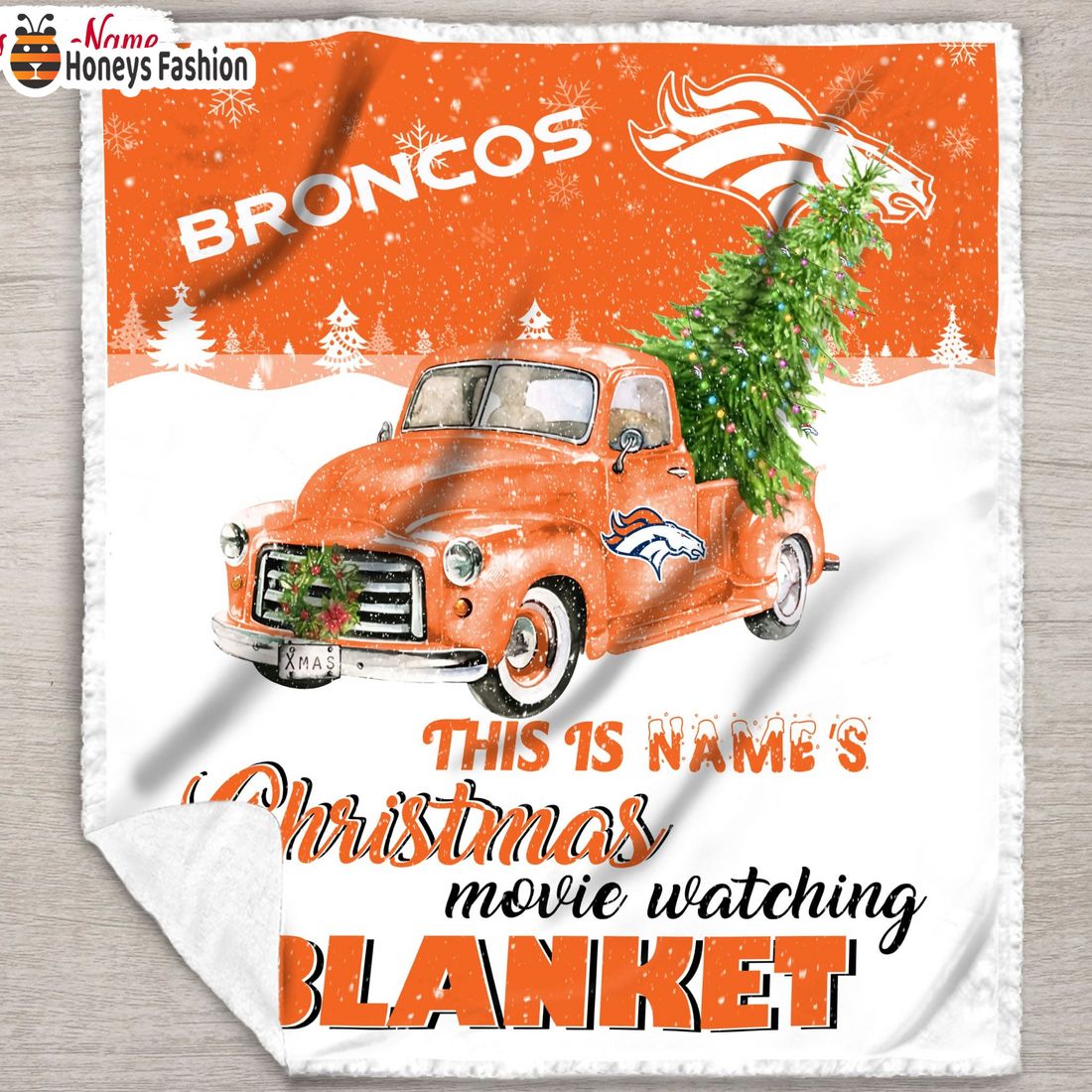 NFL Denver Broncos Custom Name Christmas movie watching quilt blanket