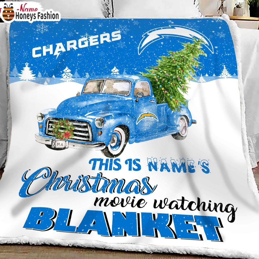 NFL Los Angeles Chargers Custom Name Christmas movie watching quilt blanket