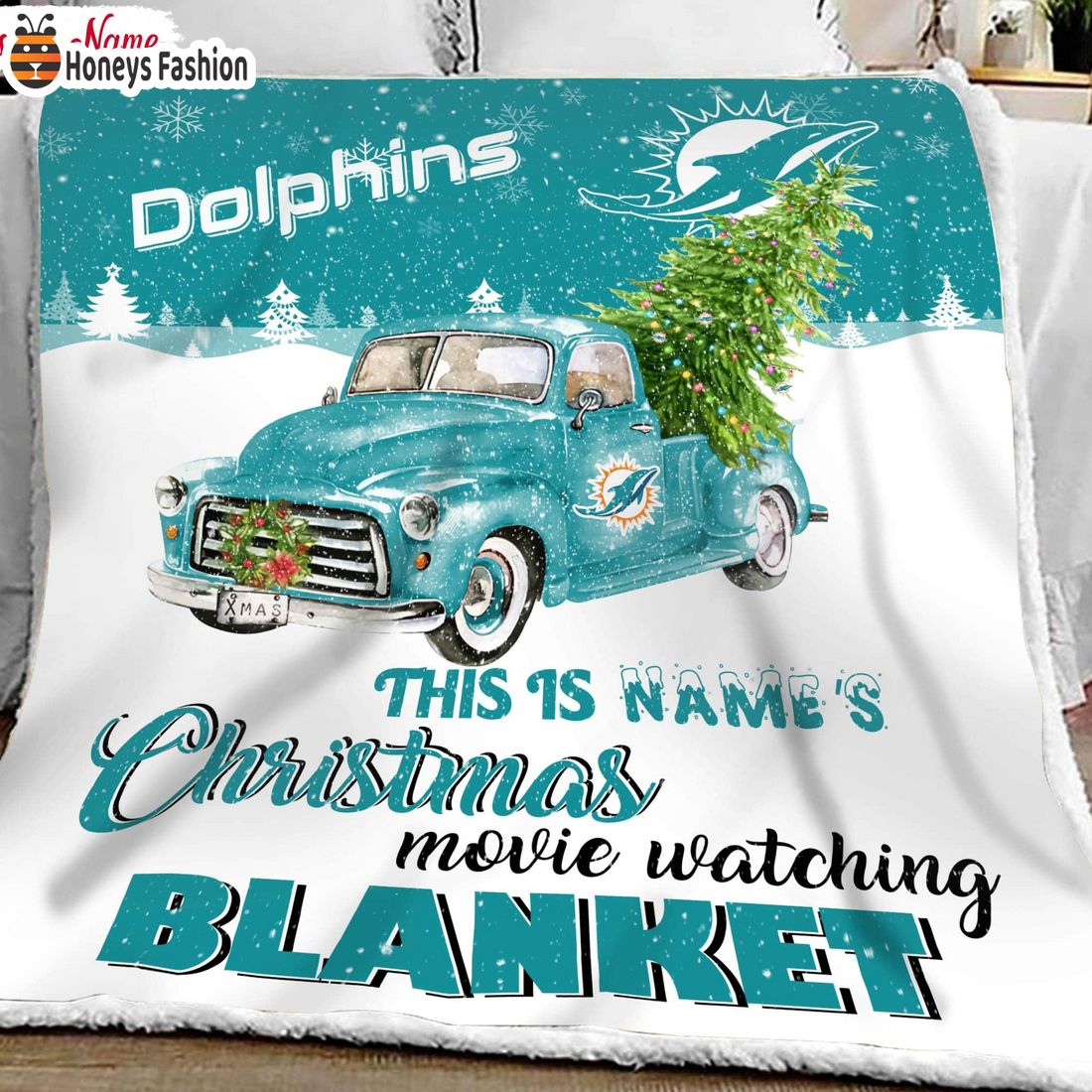 NFL Miami Dolphins Custom Name Christmas movie watching quilt blanket