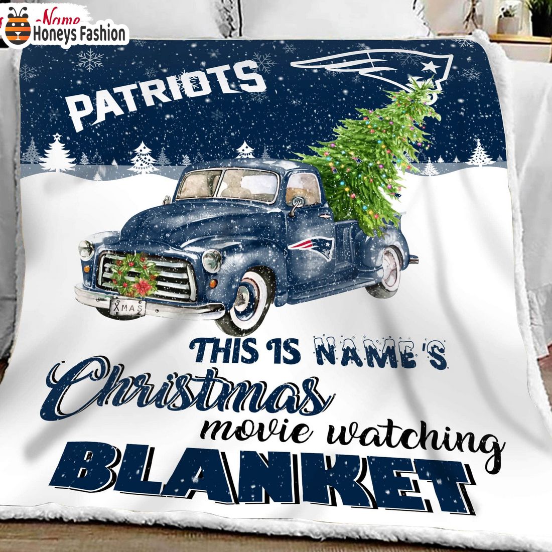 NFL New England Patriots Custom Name Christmas movie watching quilt blanket