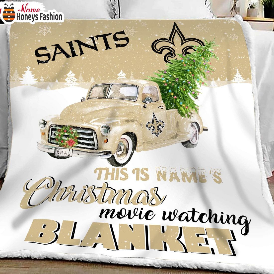 NFL New Orleans Saints Custom Name Christmas movie watching quilt blanket
