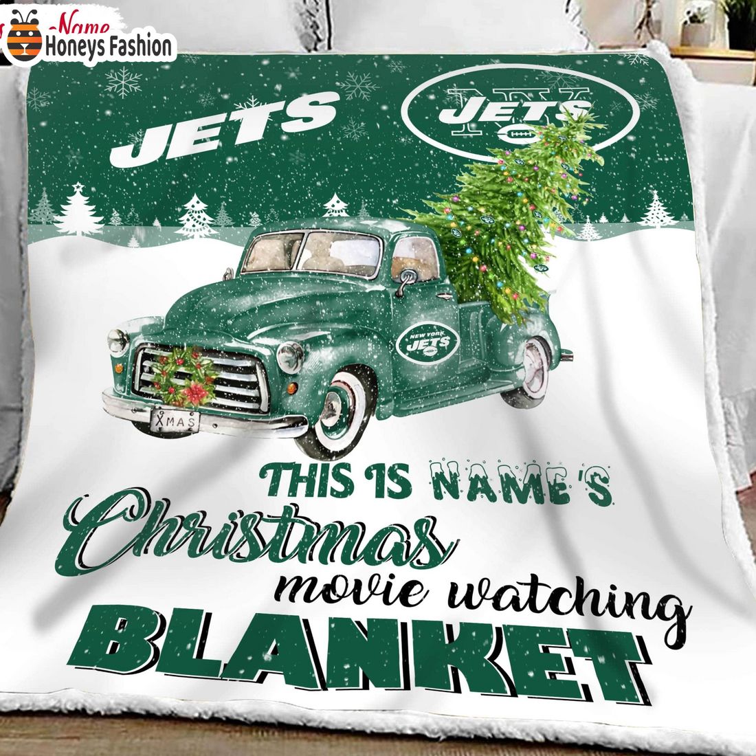 NFL New York Jets Custom Name Christmas movie watching quilt blanket