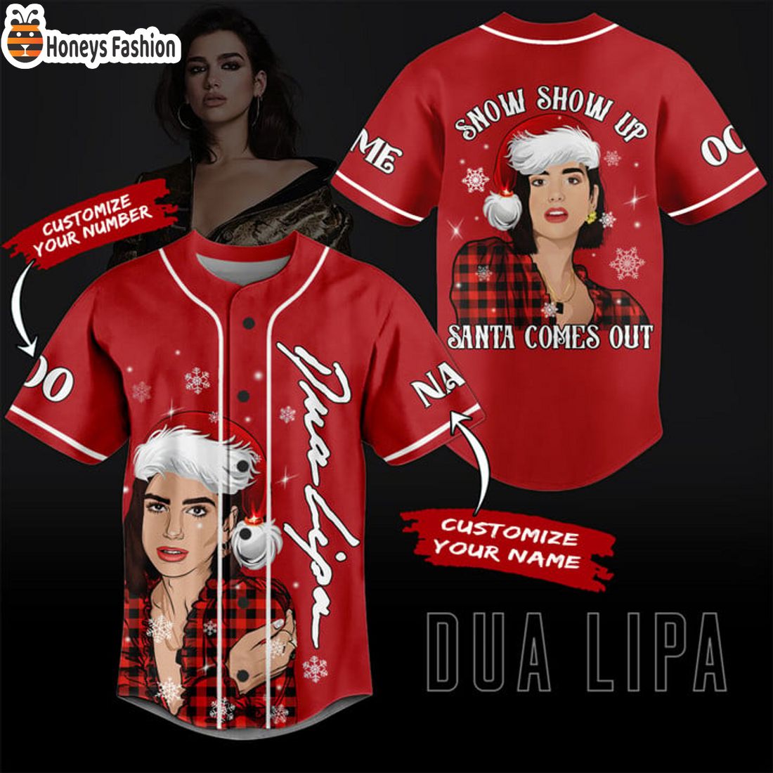 SELLER Dua Lipa Snow Show Up Santa Comes Out Personalized Name Number Baseball Jersey