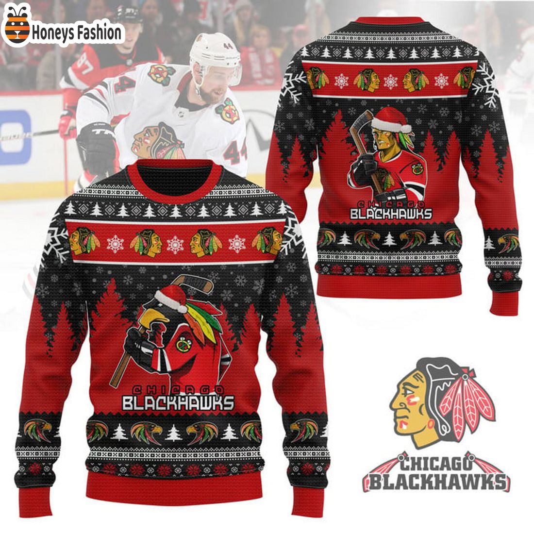 TOP Chicago Blackhawks Tommy Hawk Mascot Ugly Christmas Sweater