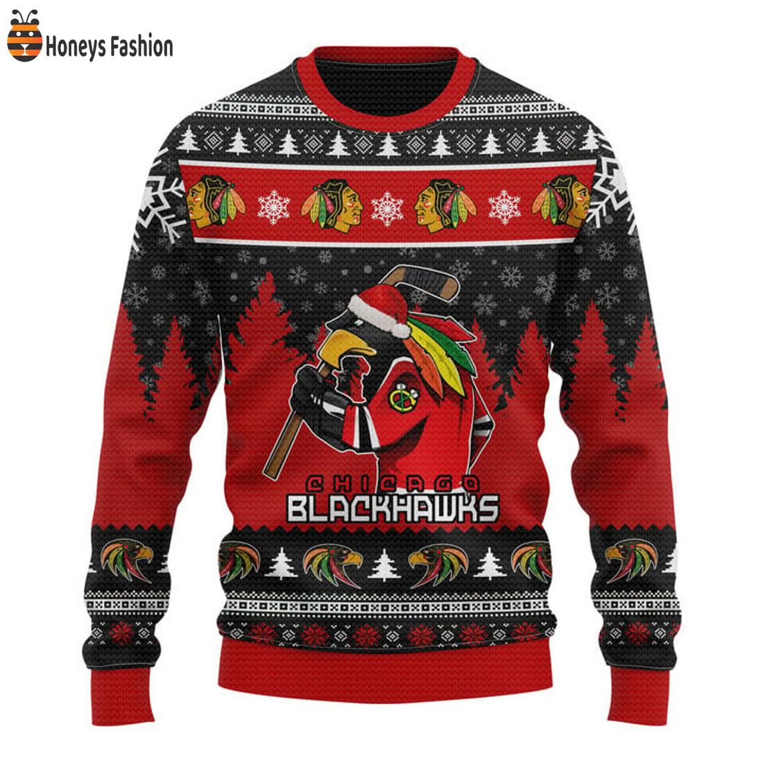 TOP Chicago Blackhawks Tommy Hawk Mascot Ugly Christmas Sweater