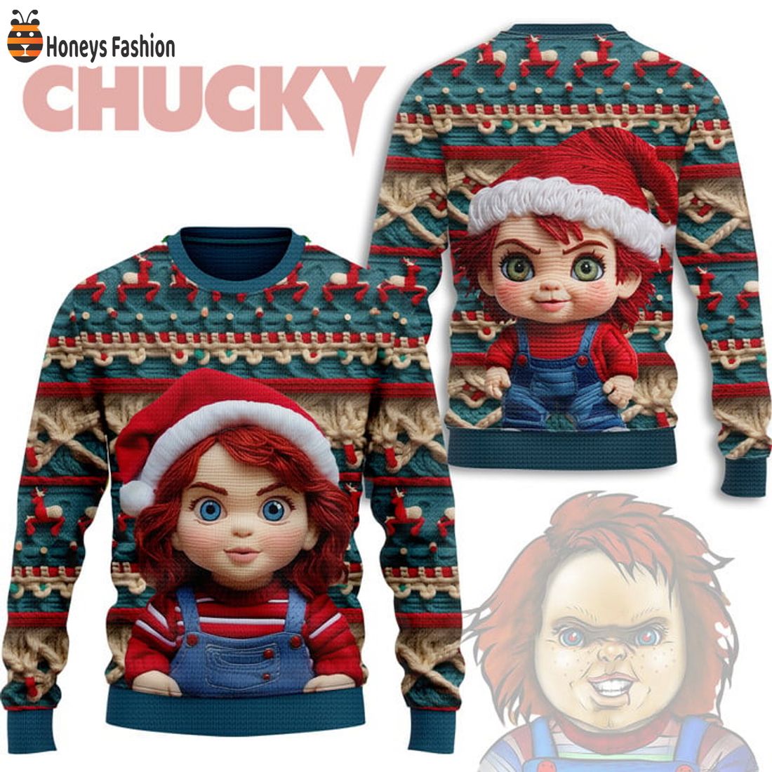 TOP Chucky Santa Hat Woolen Ugly Christmas Sweater