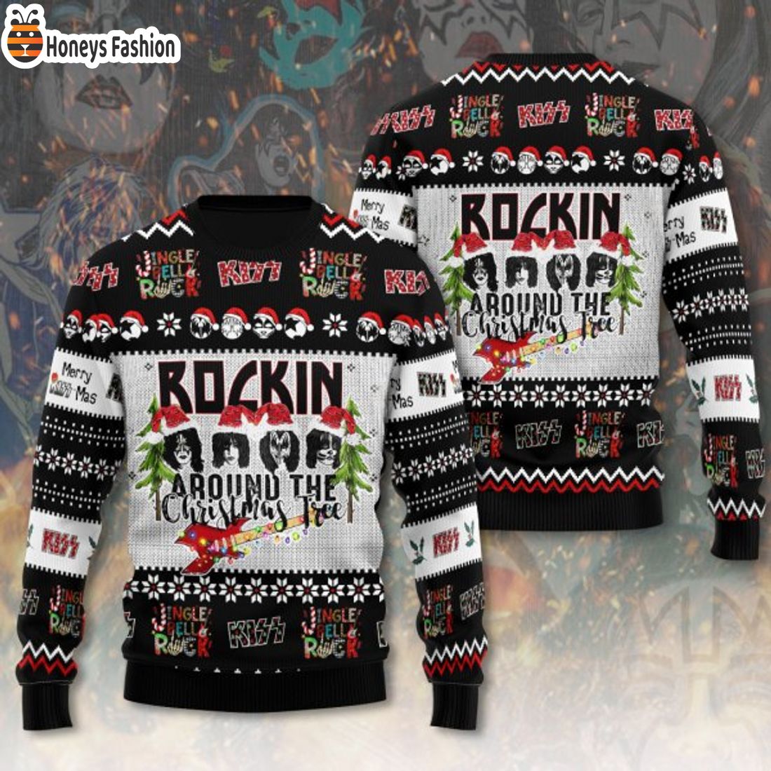 TOP Kiss Band Rockin Around The Christmas Tree Ugly Christmas Sweater