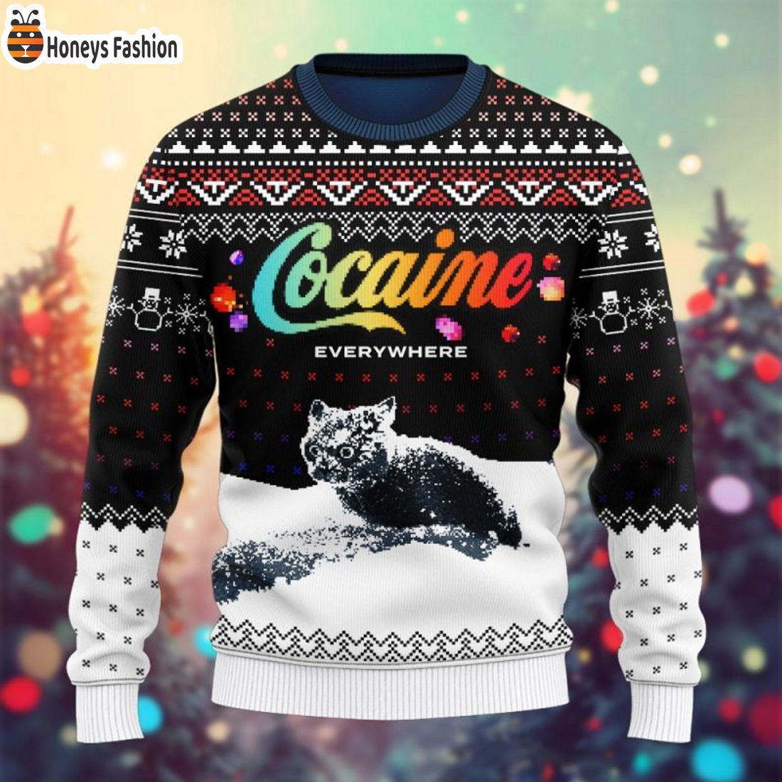 TOP Let It Snow Cat Cocaine Everywhere Ugly Christmas Sweatshirt