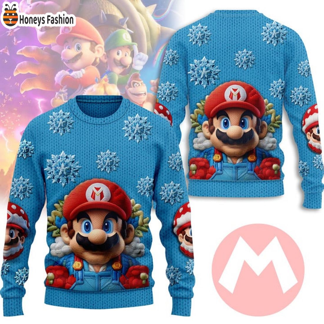 TOP Mario Snowflakes Wool Blue Ugly Christmas Sweater