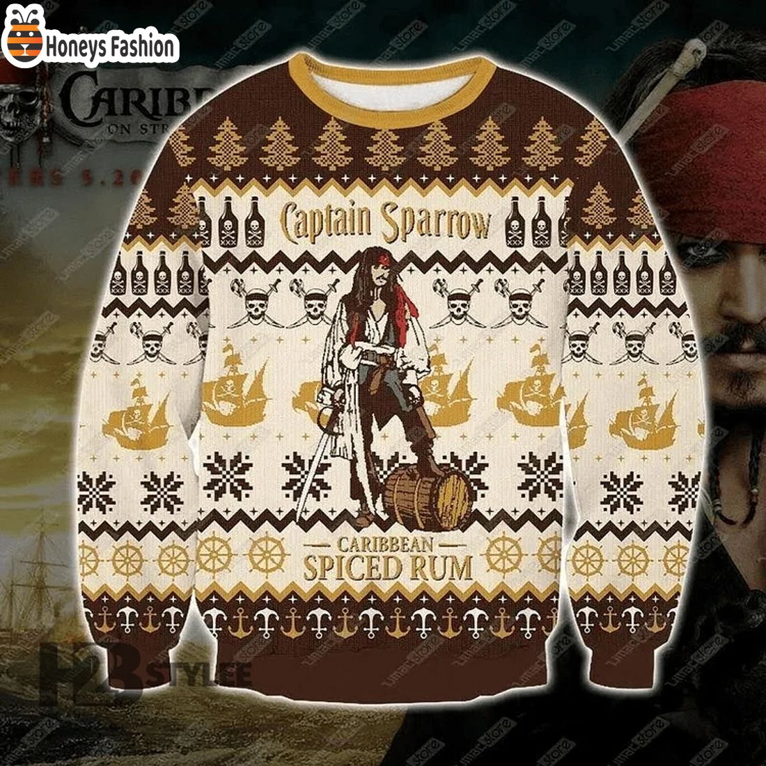 TOP Pirates Of The Caribbean Movie Captain Sparrow Spiced Rum Ugly Christmas Sweater