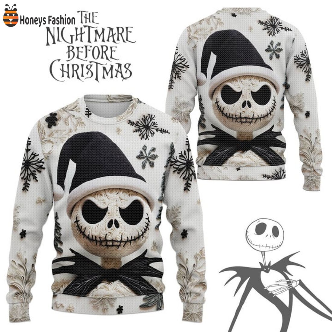 TOP The Nightmare Before Christmas Jack Skellington Black Hat Santa Ugly Christmas Sweater