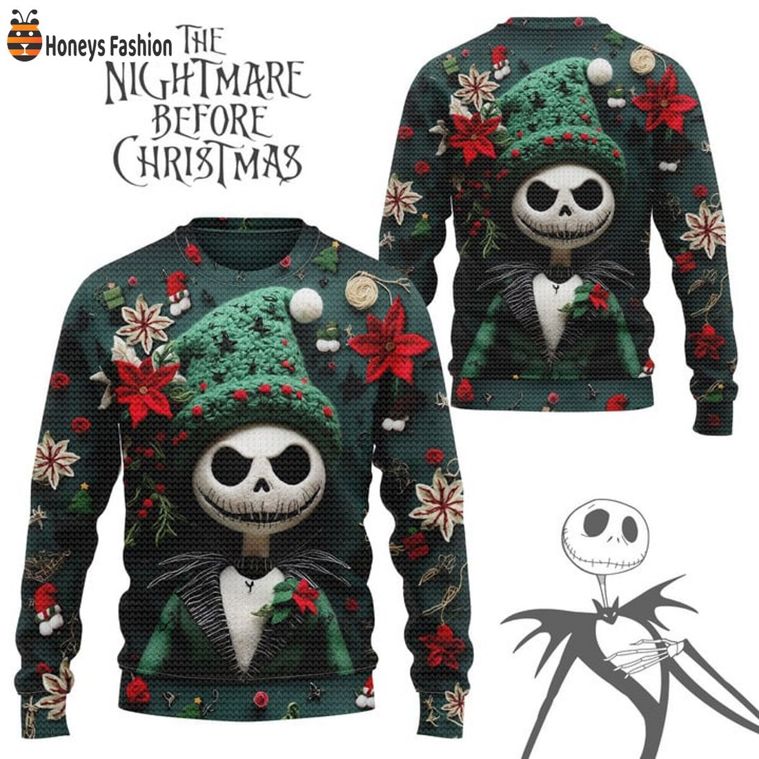 TOP The Nightmare Before Christmas Jack Skellington Green Hat Santa Ugly Christmas Sweater