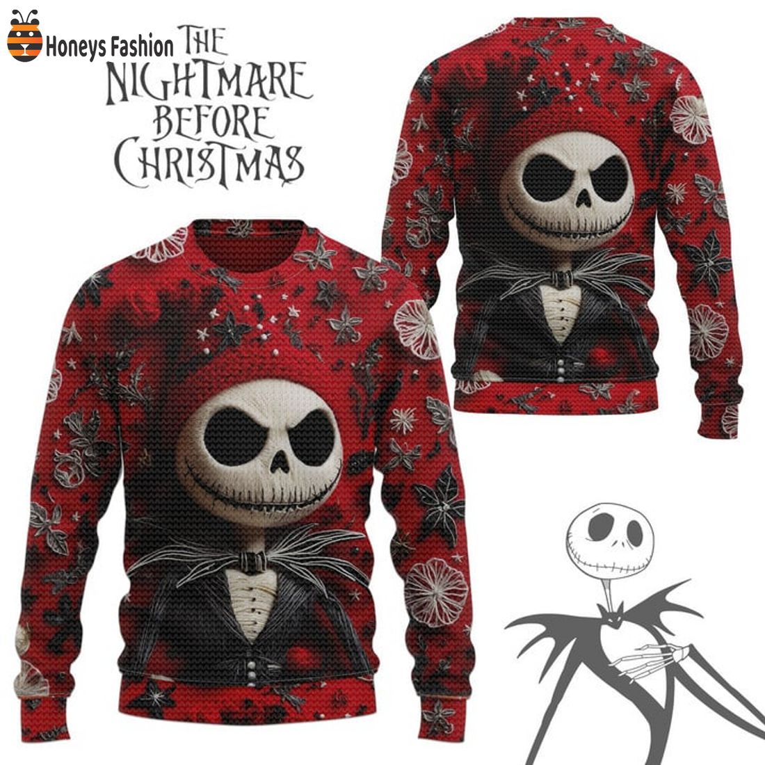 TOP The Nightmare Before Christmas Jack Skellington Woolen Red Ugly Christmas Sweater