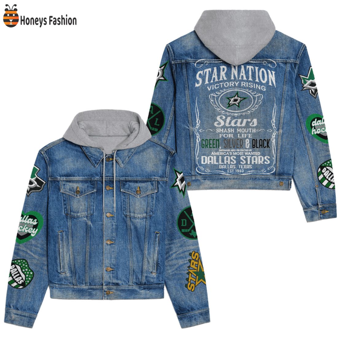 HOT Dallas Stars Nation Victory Rising Smash Mouth For Life Hooded Denim Jacket